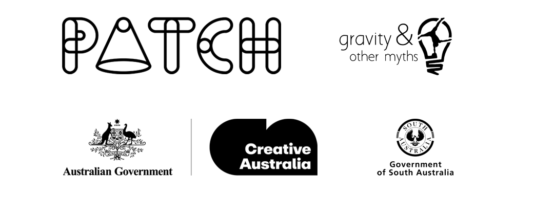 Patch Theatre Company, Gravity & Other Myths, Creative Australia and SA Government logos in black and white on a white background. 