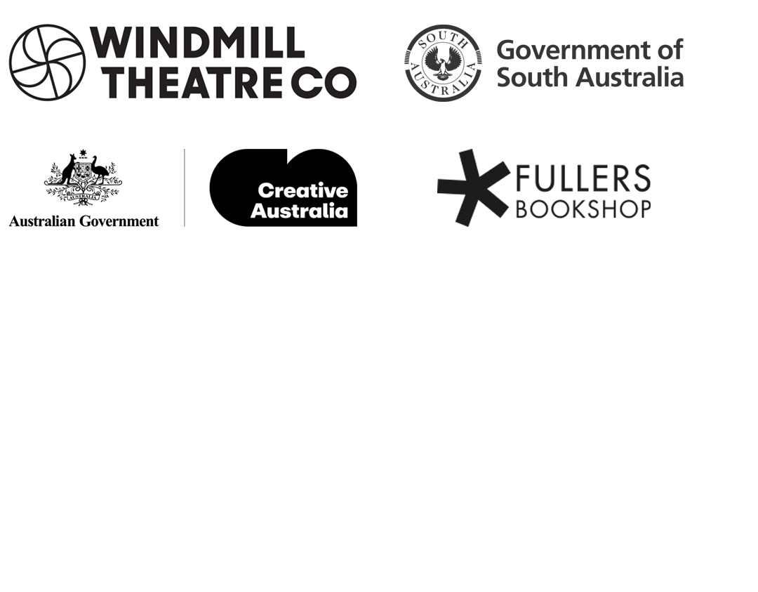 Windmill Theatre Company, Government of SA and Creative Australia and Fullers Bookshop logos in black on a white background. 