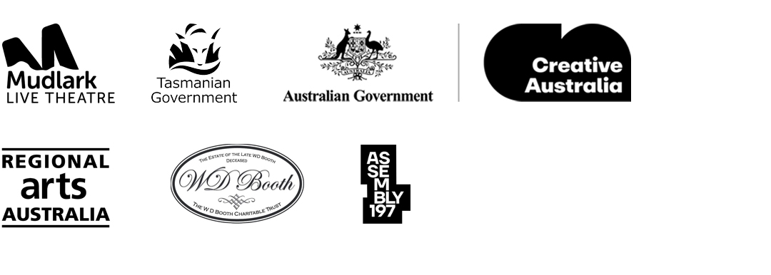 Mudlark, Arts Tas, Australia Council, Regional Arts Australia, WD Booth and Assembly 197 logos in black on a white background. 