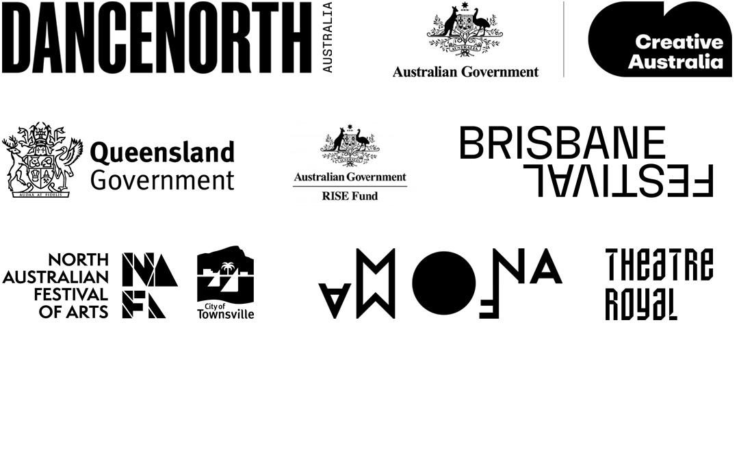 Dancenorth, Creative Australia, Qld Government, RISE, Brisbane Festival, North Australian Festival of Arts, Mona Foma and the Theatre Royal's logos in black on a white background
