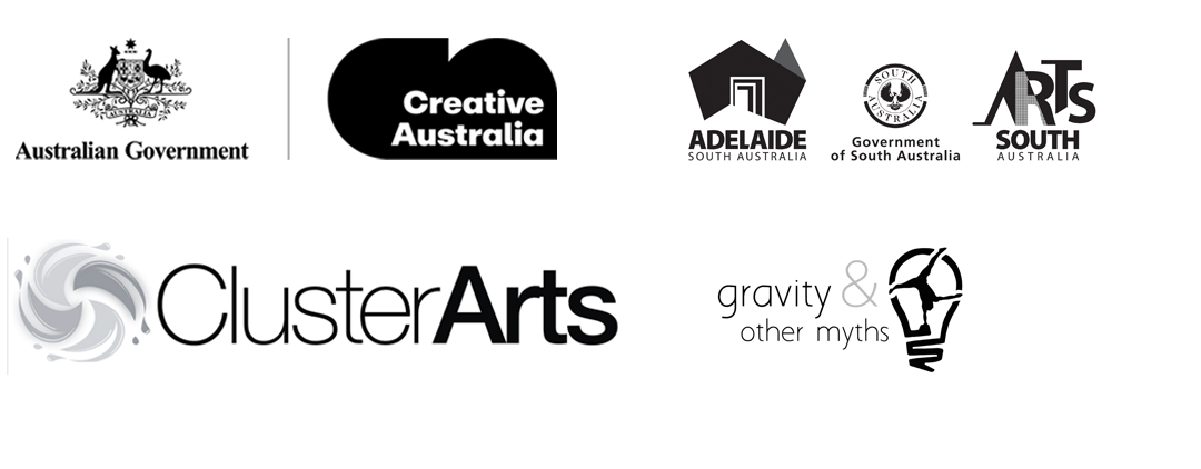 Creative Australia, SA Government, Cluster Arts and Gravity & Other Myths logos in black on a white background. 