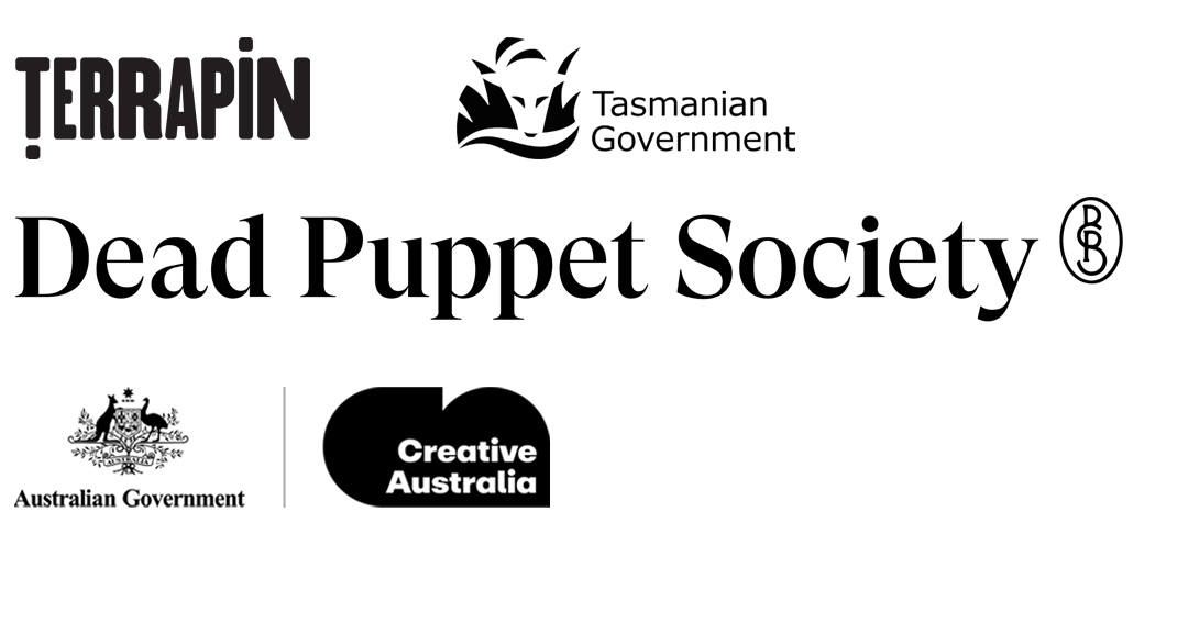 Terrapin, Tas Government, Dead Puppet Society and Creative Australia logos in black on a white background.