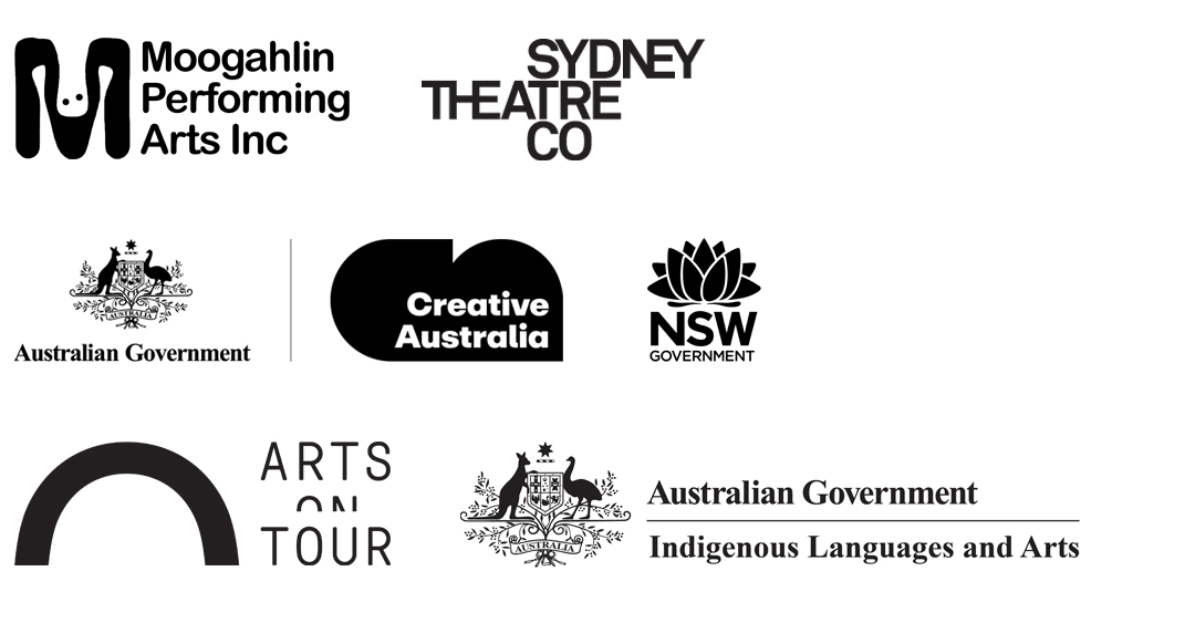 Moogahlin Performaing Arts, STC, Creative Australia, NSW Government, Arts on Tour and Australian Government Indigenous Languages and Arts logos in black on a white background.