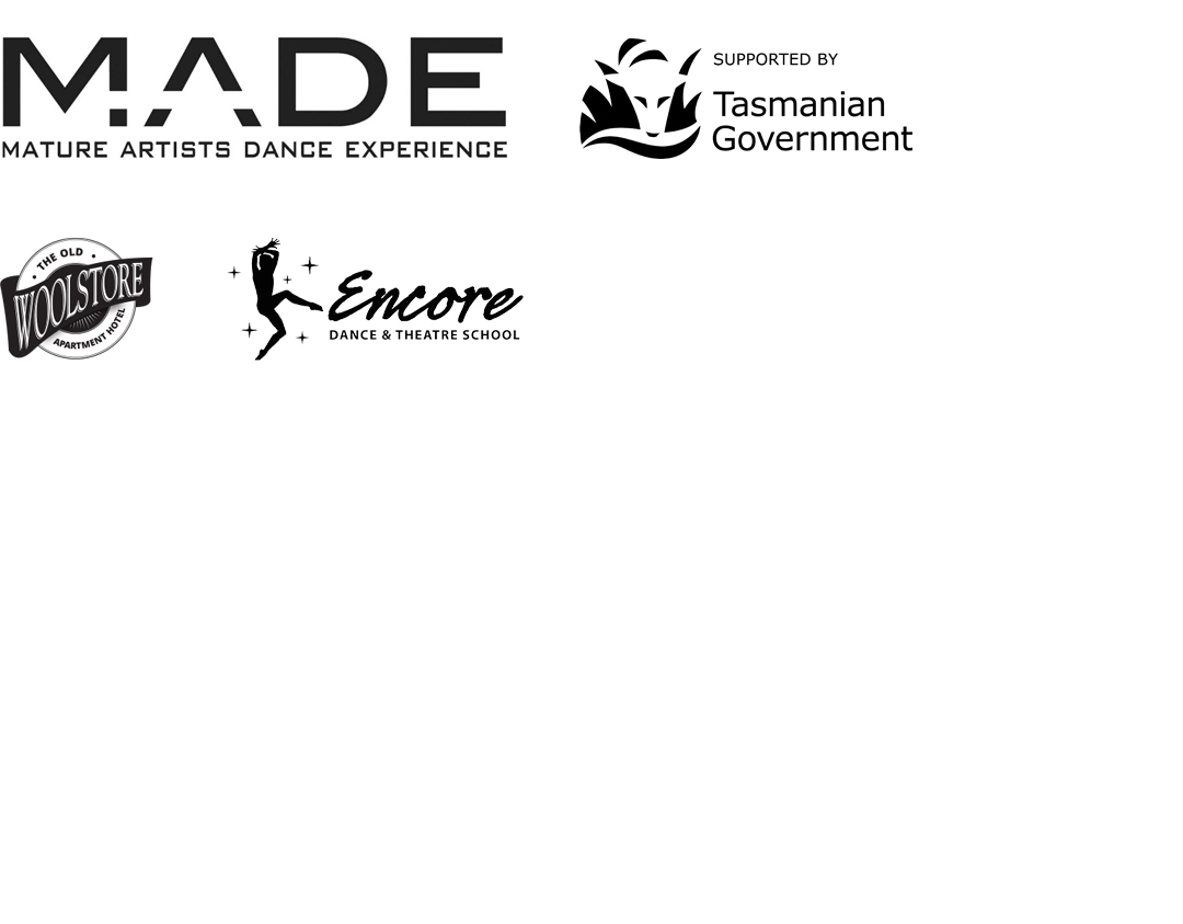 MADE, Tasmanian Government, The Old Woolstore and Encore Dance Studios logos in black and white on a white background. 