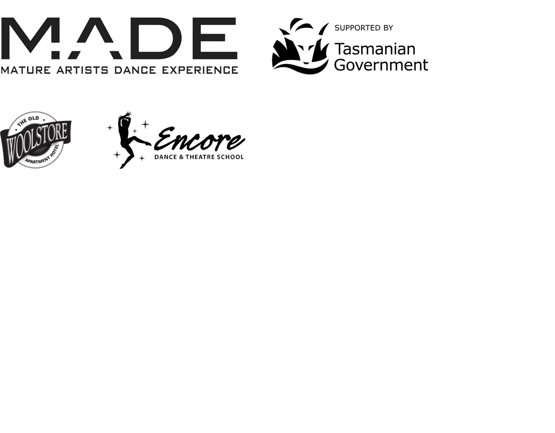 MADE, Tasmanian Government, The Old Woolstore and Encore Dance Studios logos in black and white on a white background.