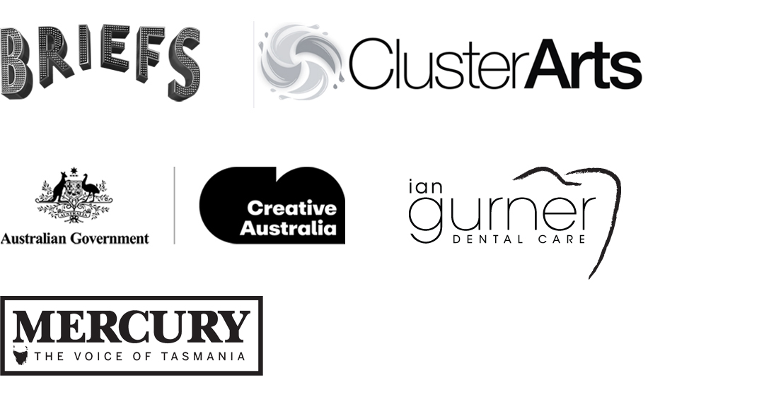 Briefs Factory International, Cluster Arts, Creative Australia, Ian Gurner Dental and The Mercury logos in black sit on a white background.