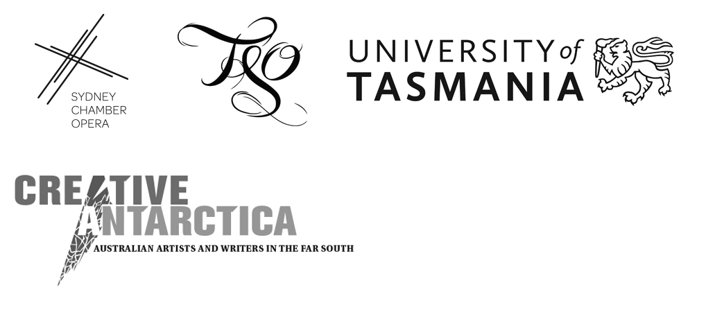 Sydney Chamber Opera, TSO, UTAS and Creative Antarctica logos in black on a white background.