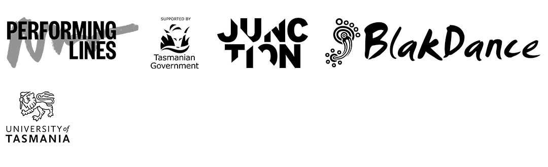 Logos for Charcoal A selection of black logos on a white background - Performing Lines, Tas Government, Junction Arts, Blak Dance, UTAS