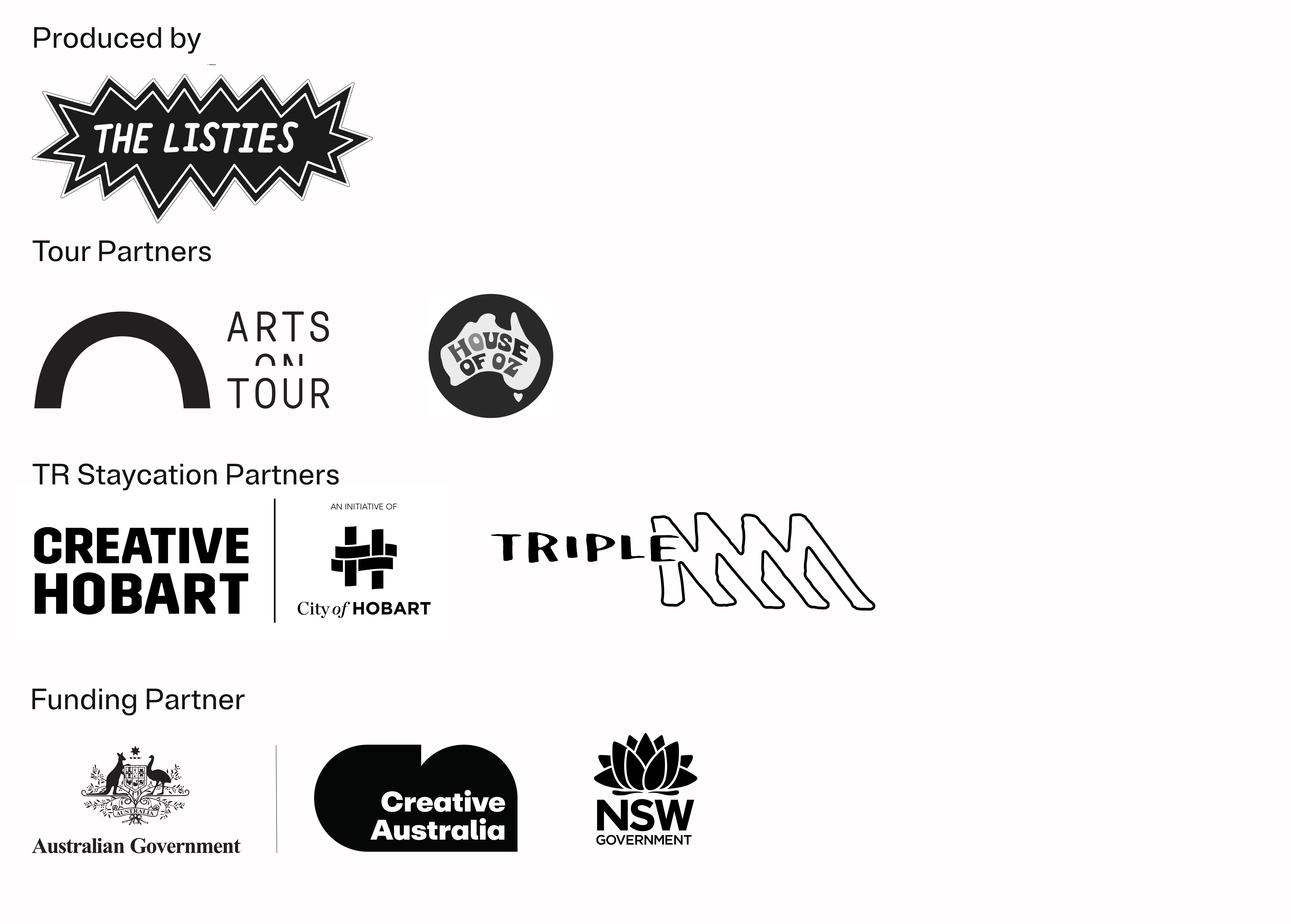 The Listies 110% Ready sponsor logos Black and white logos for The Listies, Arts on Tour, Creative Australia, NSW Governmen, House of Oz