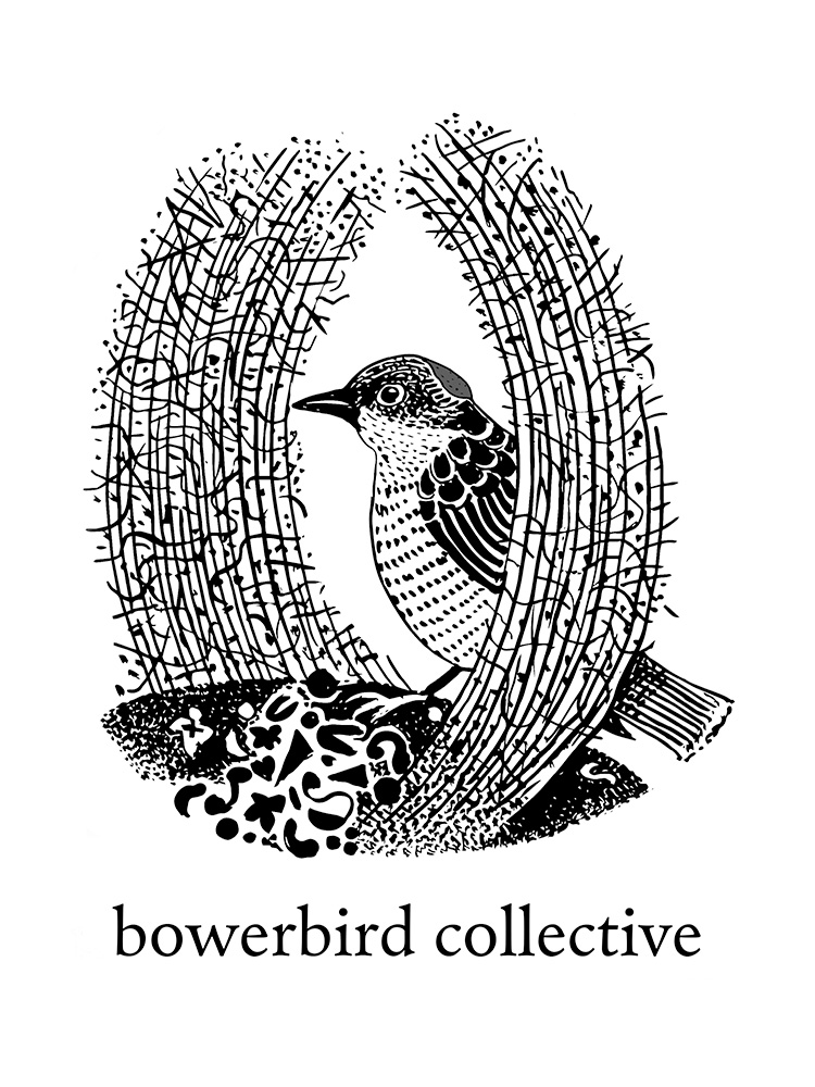 Bower Bird collective logo A whimsical line drawing of a Bower bird in a wreath