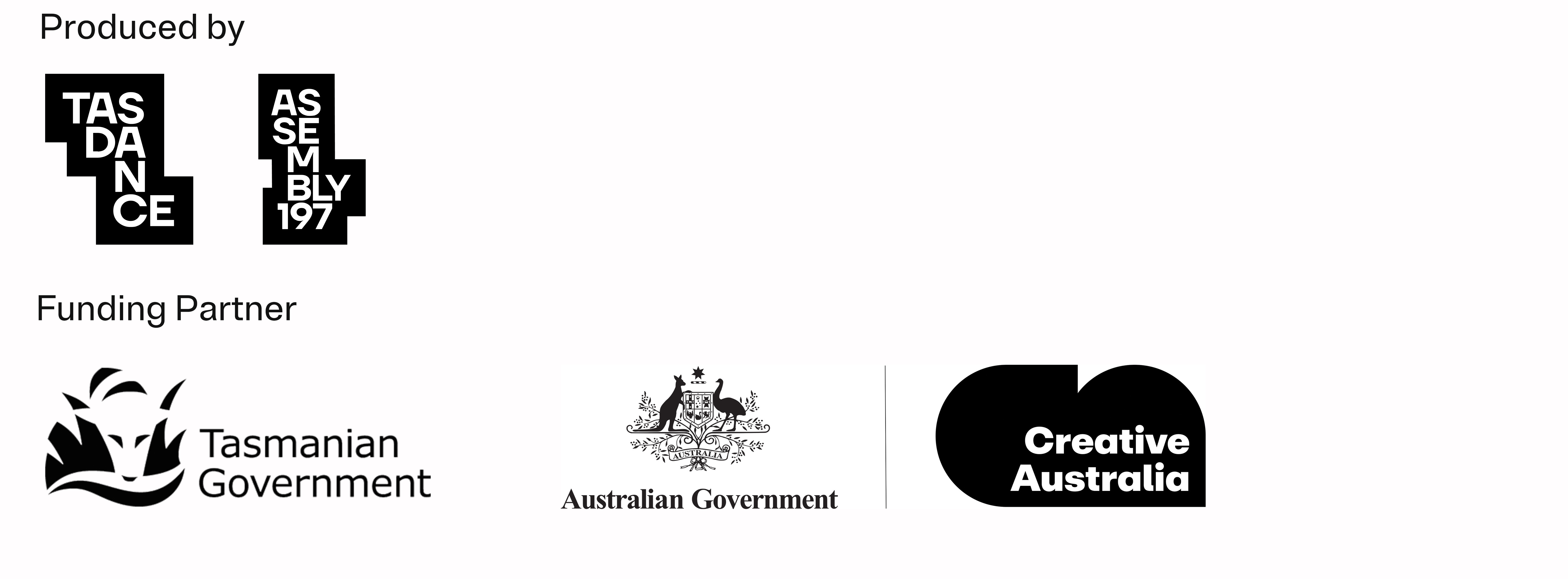 Logos in black on a white background for Tasdance, Assembly 197, Tas Government and Creative Australia.