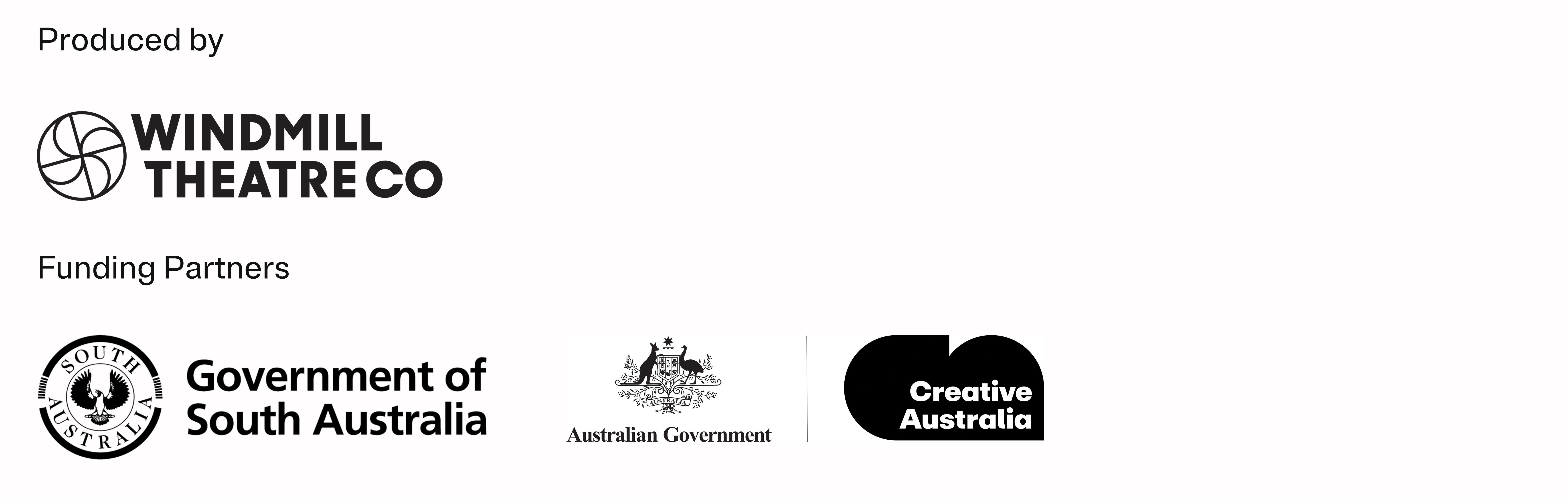 Moss Piglet logos Windmill Theatre Co, Government of South Australia, Creative Australia