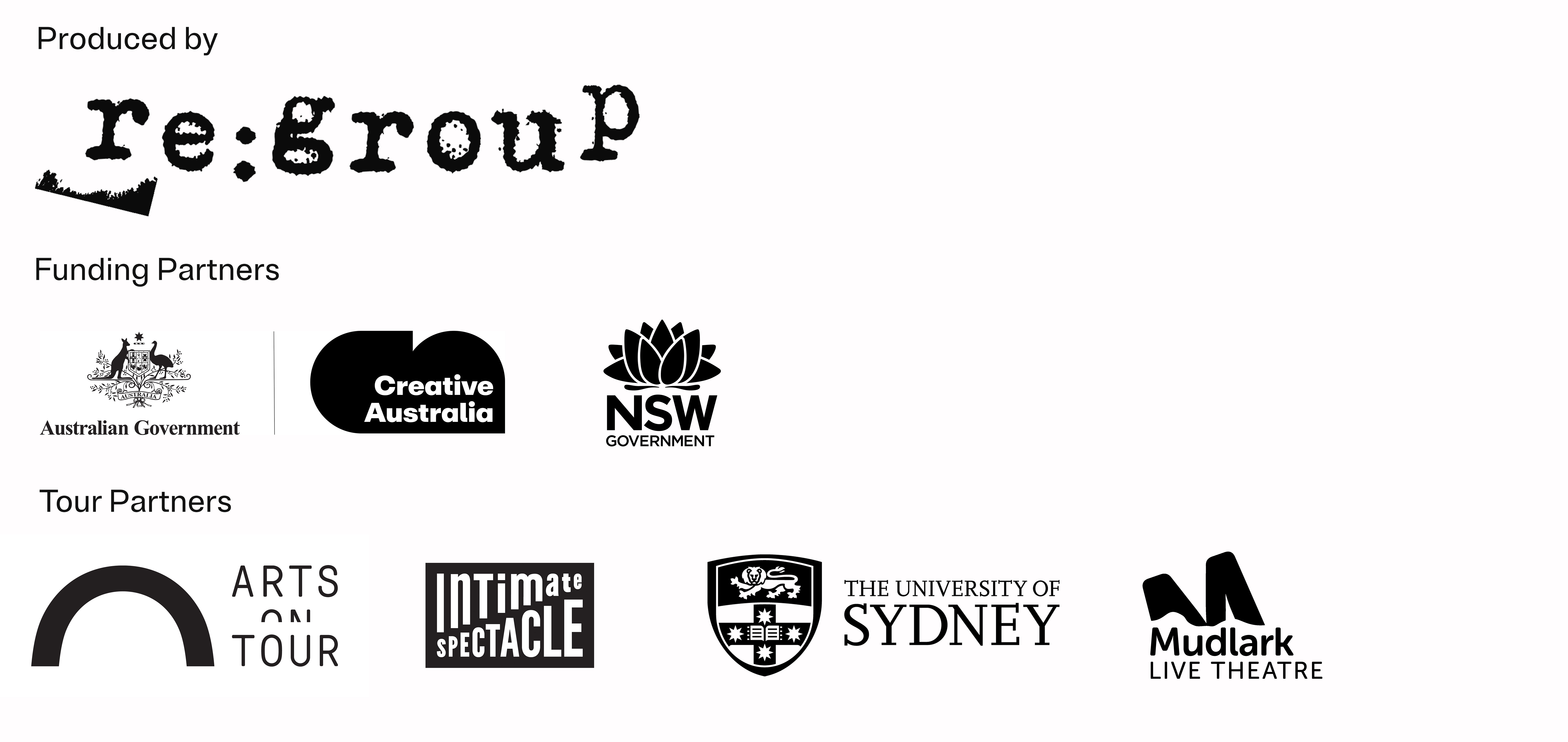 POV logos Regroup, Creative Australia, NSW, Governments, Arts on Tour, Intimate Spectacle, Sydney University, Mudlark Theatre