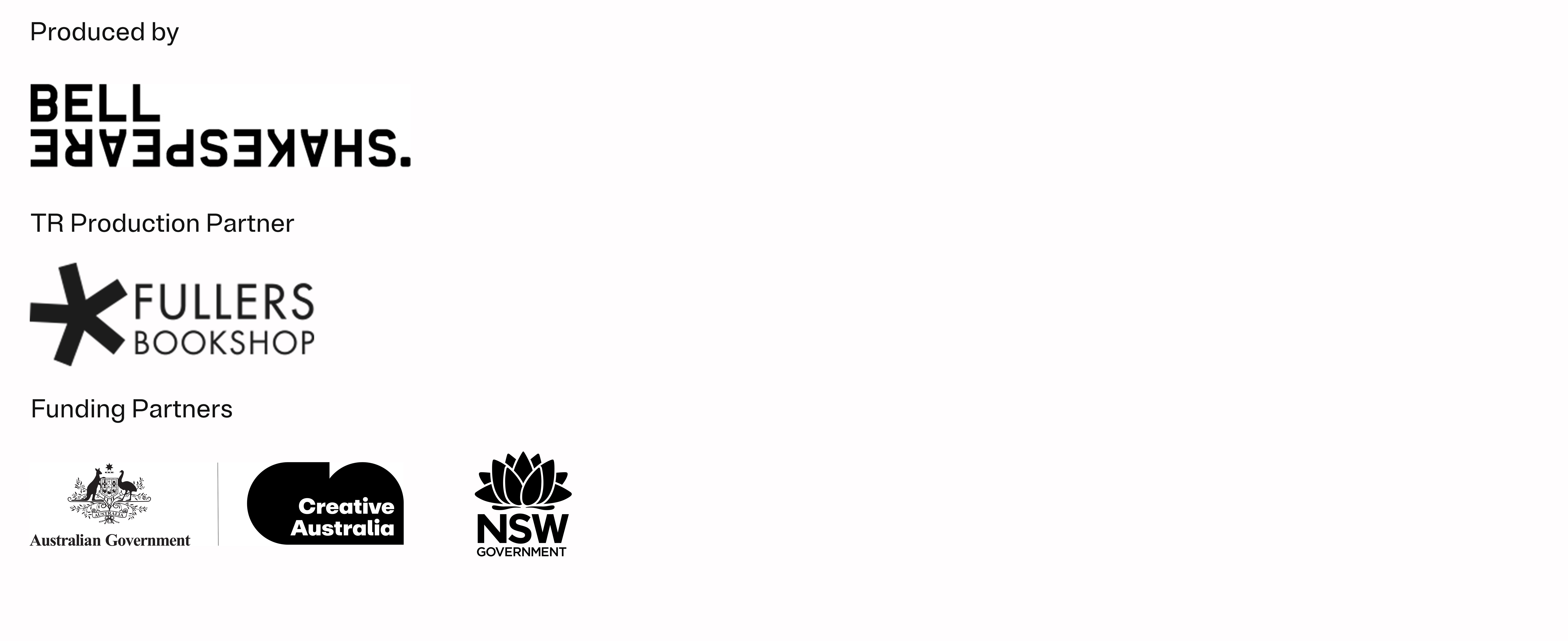 A series of logos - Bell Shakespeare, Fullers Bookshop, Creative Australia, NSW Government