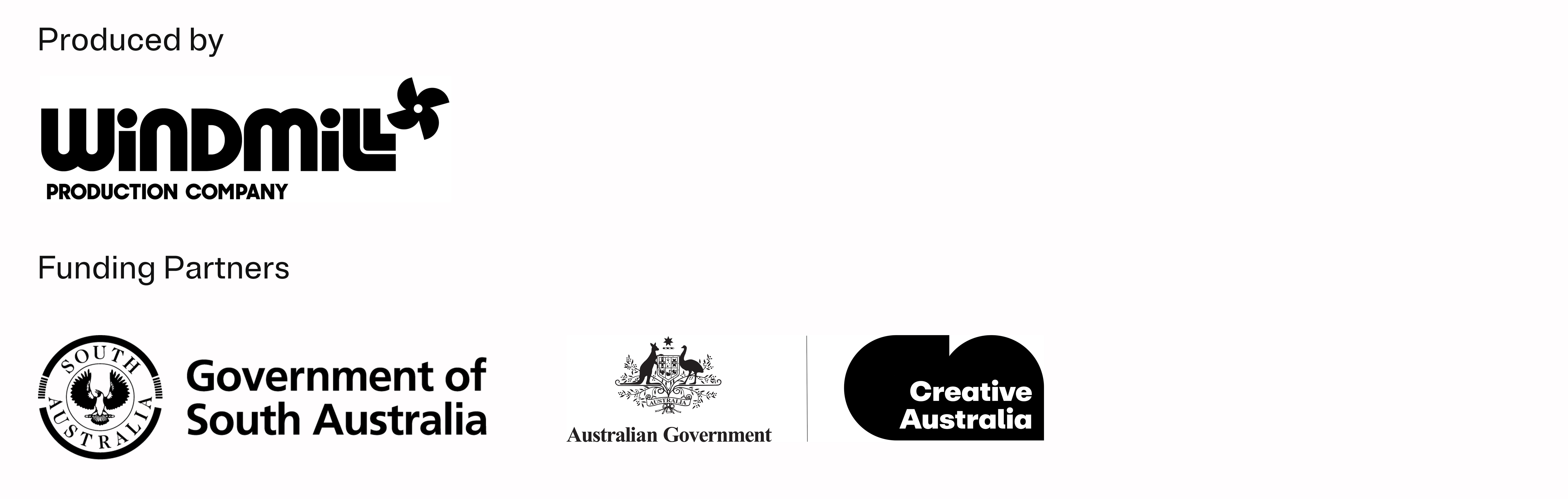 A series of lblack and white text based logos - Windmill Production Company, The Government of South Australia, Creative Australia