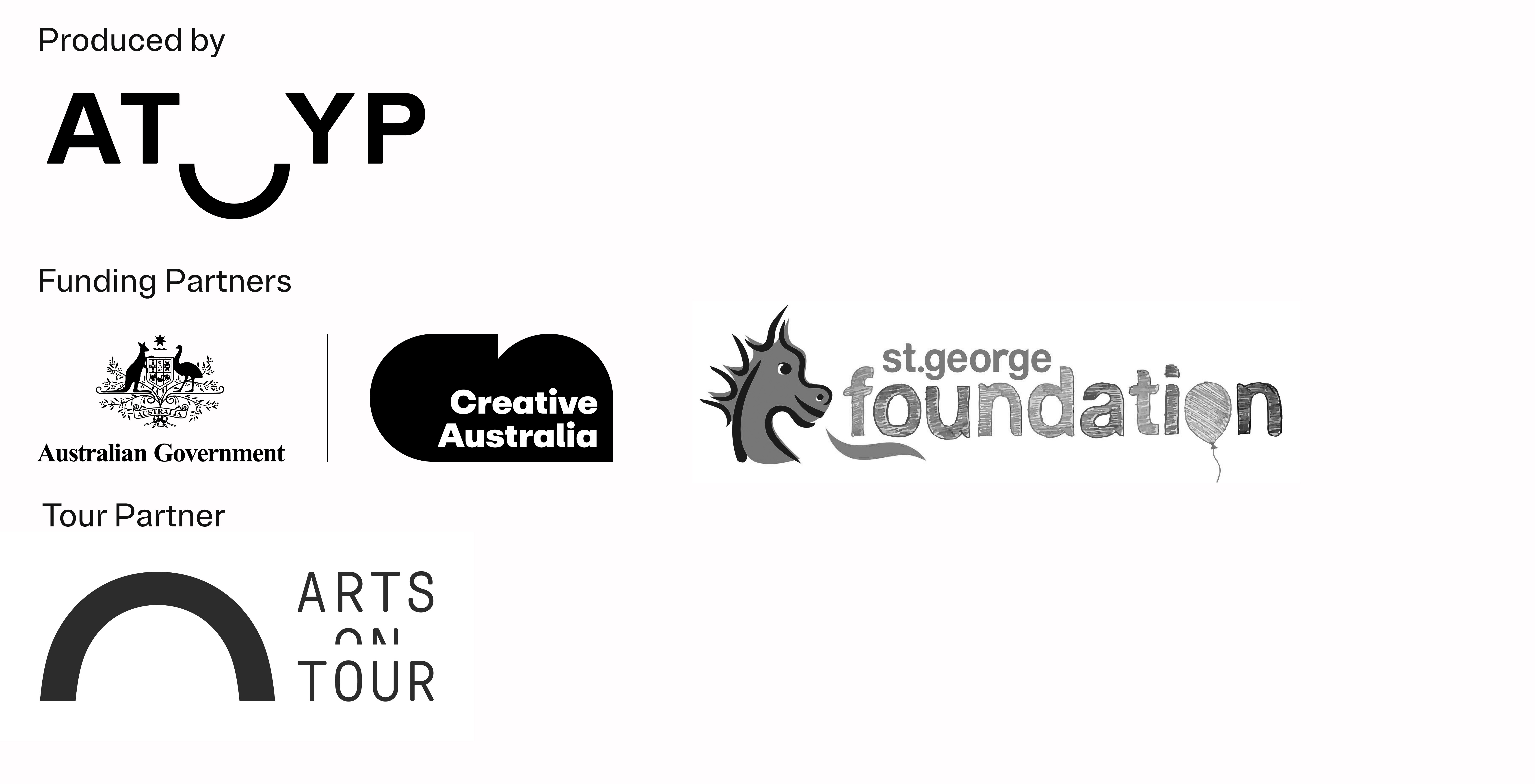 Saplings logos black and white ATYP, Creative Australia, St George Foundation, Arts on Tour