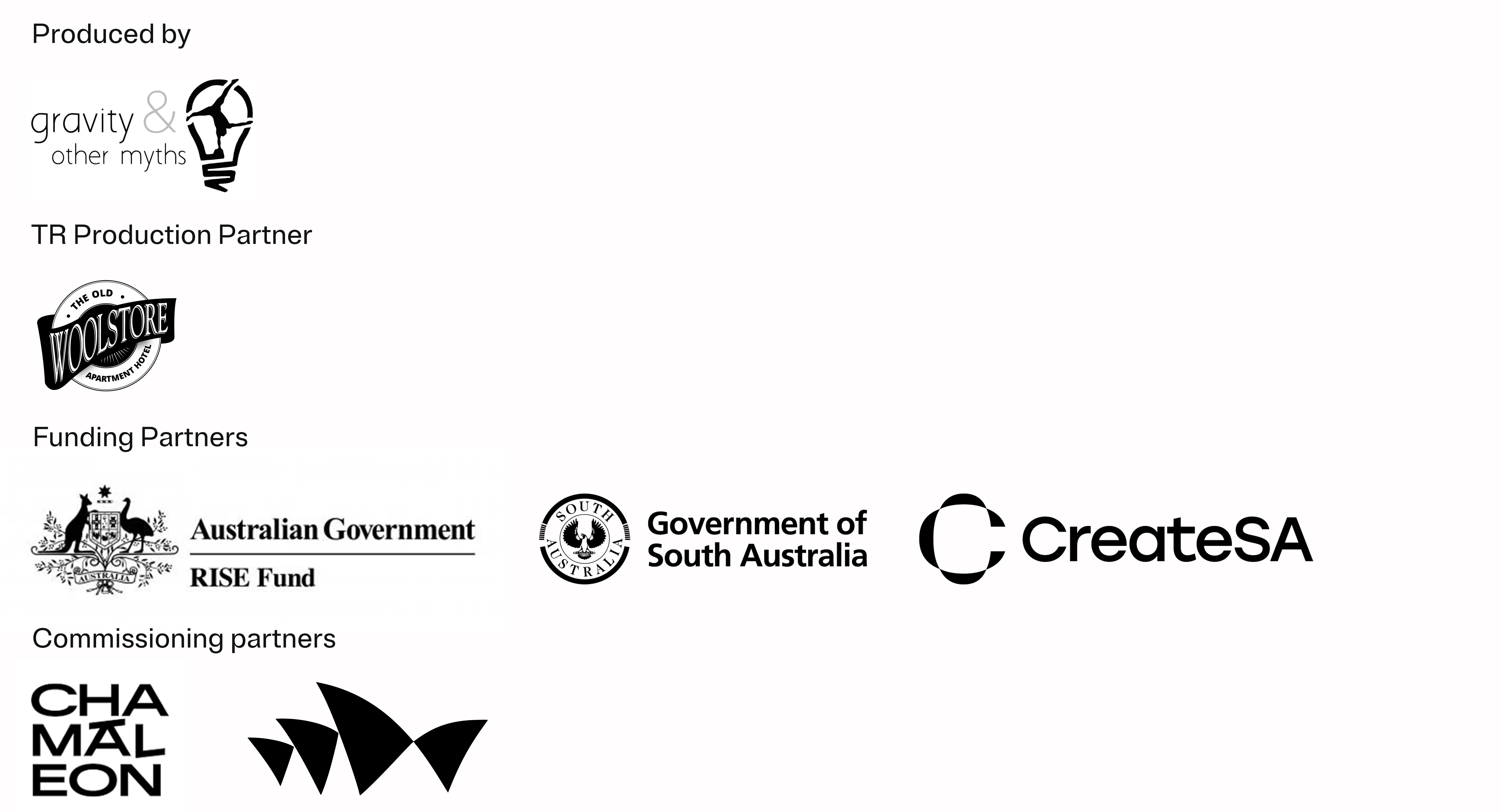A series of logos Gravity and Other Myths, The Old Woolstore Apartment Hotel, Rise Funding, Arts SA, Chameleon, Sydney Opera House 