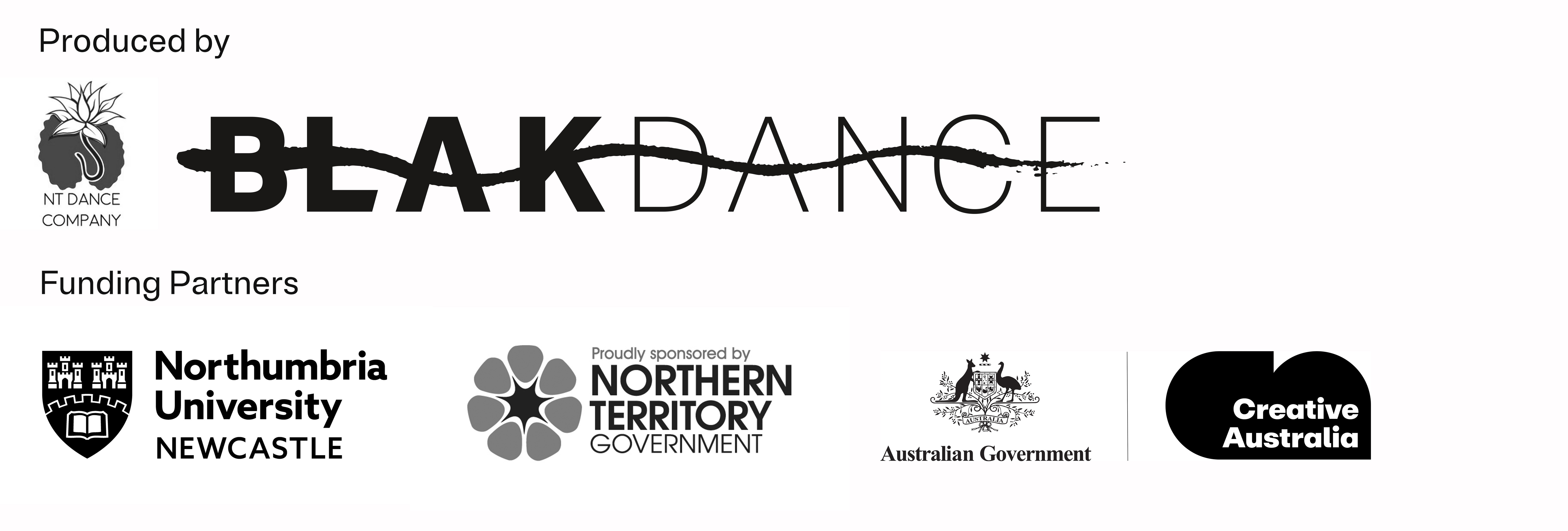 Black and white logos for Gary Lang NT Dance Company, BlakDance, Northumbria University, Northern Territory Government , Creative Australia