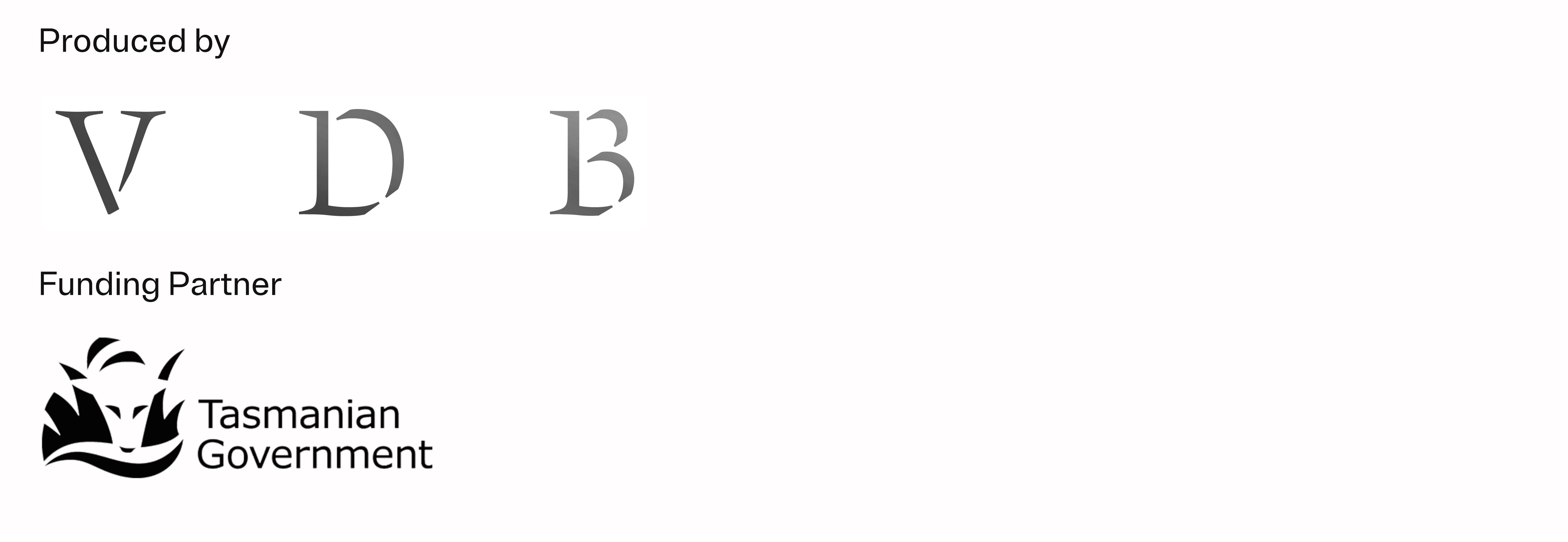 A black and white text based logo for Van Diemen's Band and the Tasmanian Government