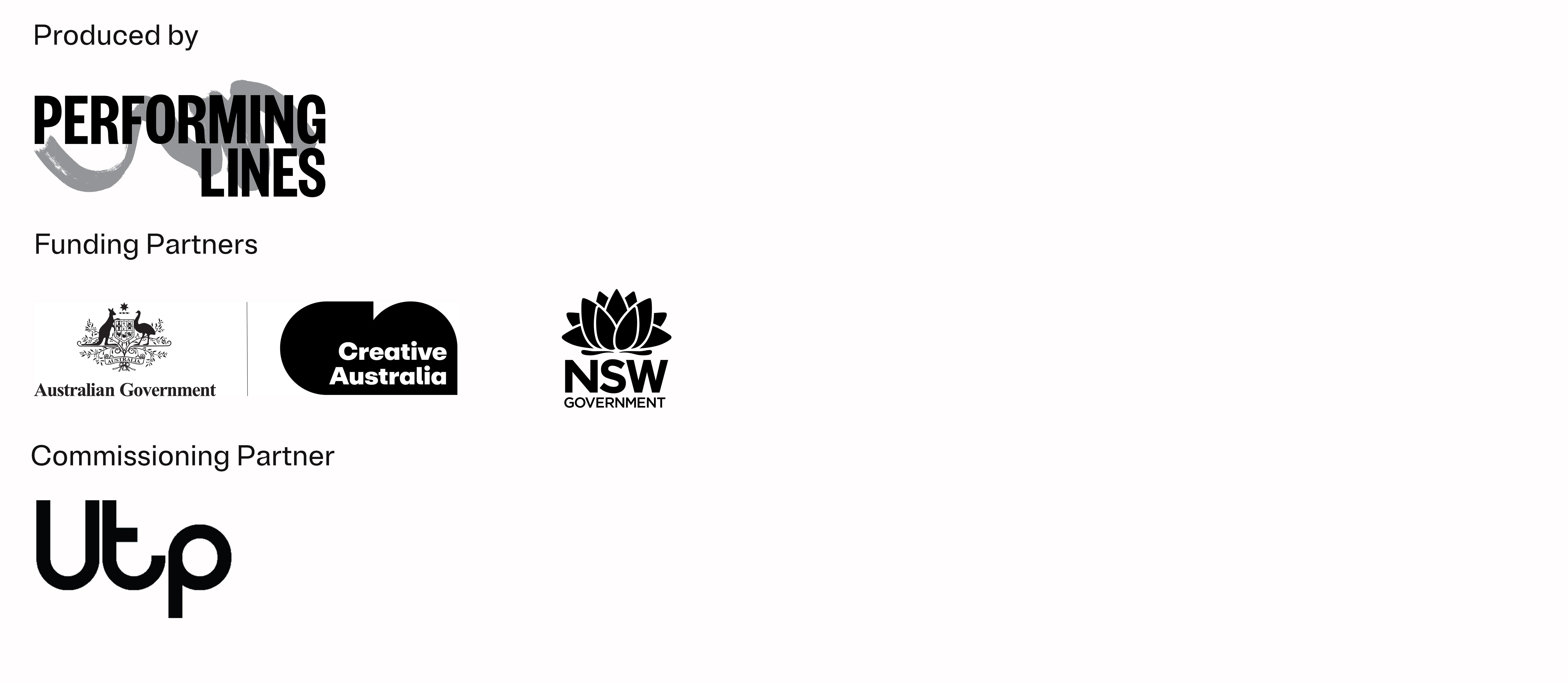 Map Boule logos Black and white logos Performing Lines NSW, Creative Australia, Create NSW, Utp