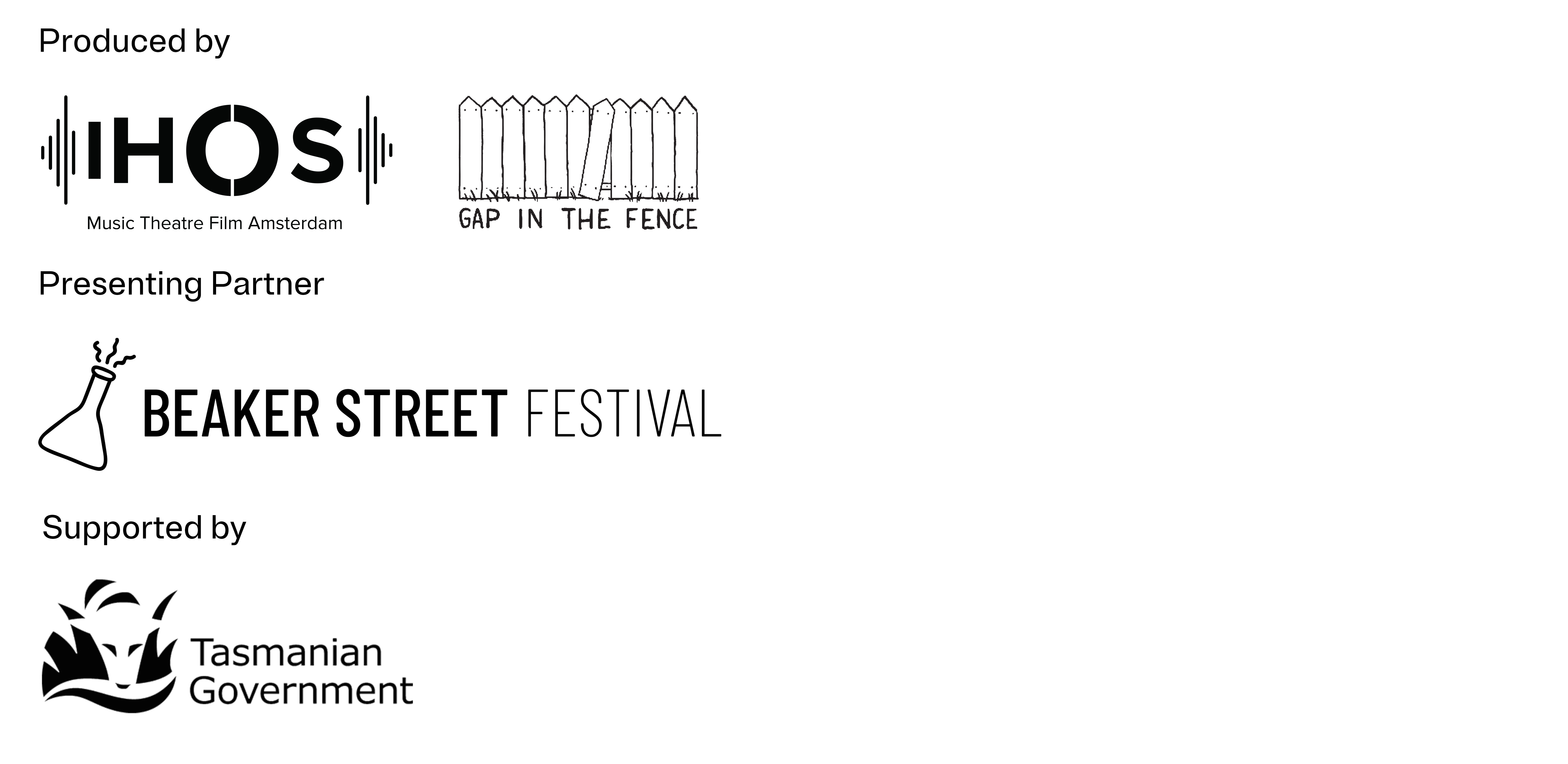 Logos for IHOS, Gap in the Fence and Beaker Street Festival, Arts Tasmania in black sit on white background. 