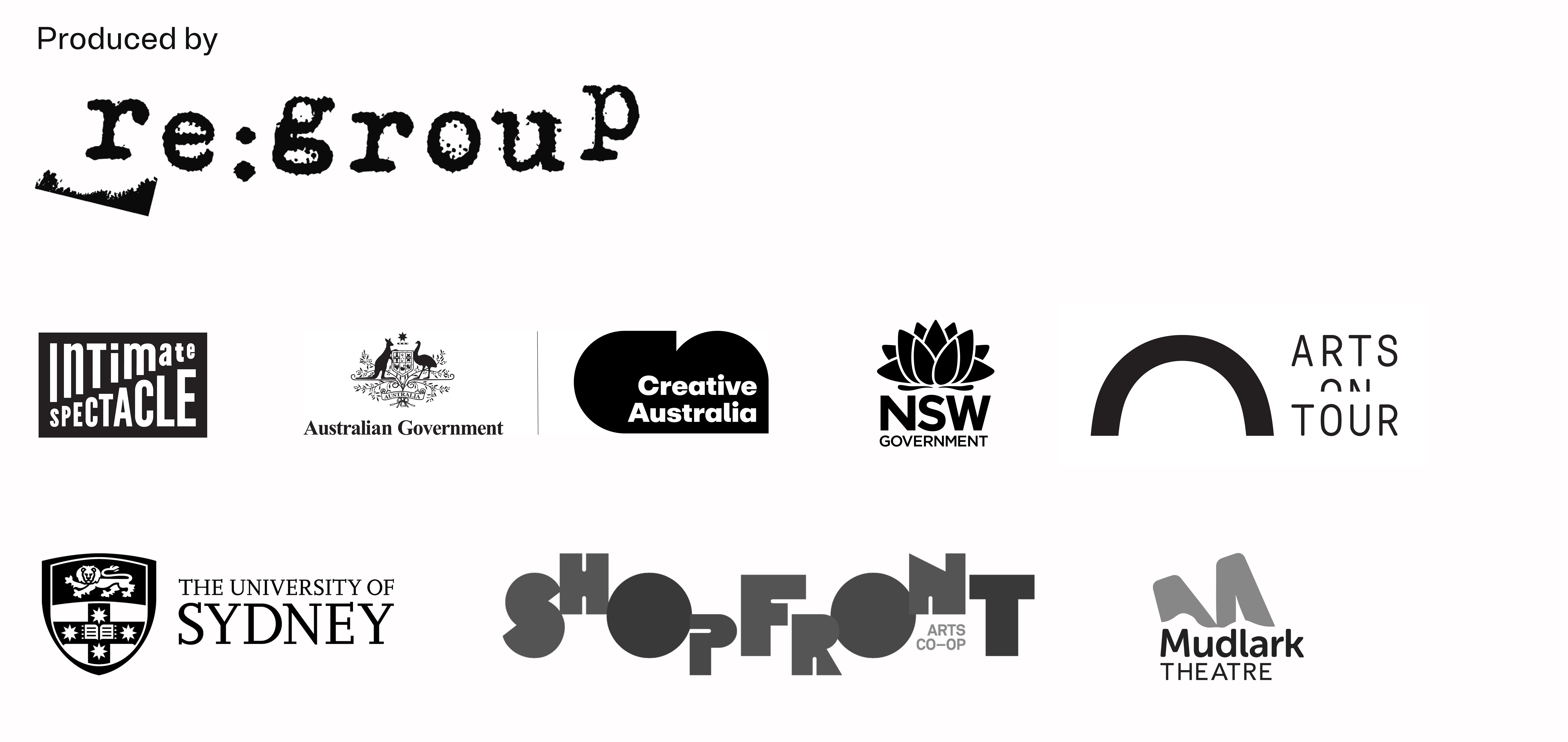 POV supporting logos in black and white 1. re:group  2. Intimate Spectacle 3. Creative Australia 4. NSW Government 5. Arts on Tour 6. University of Sydney 7. Shopfront Arts Co-op