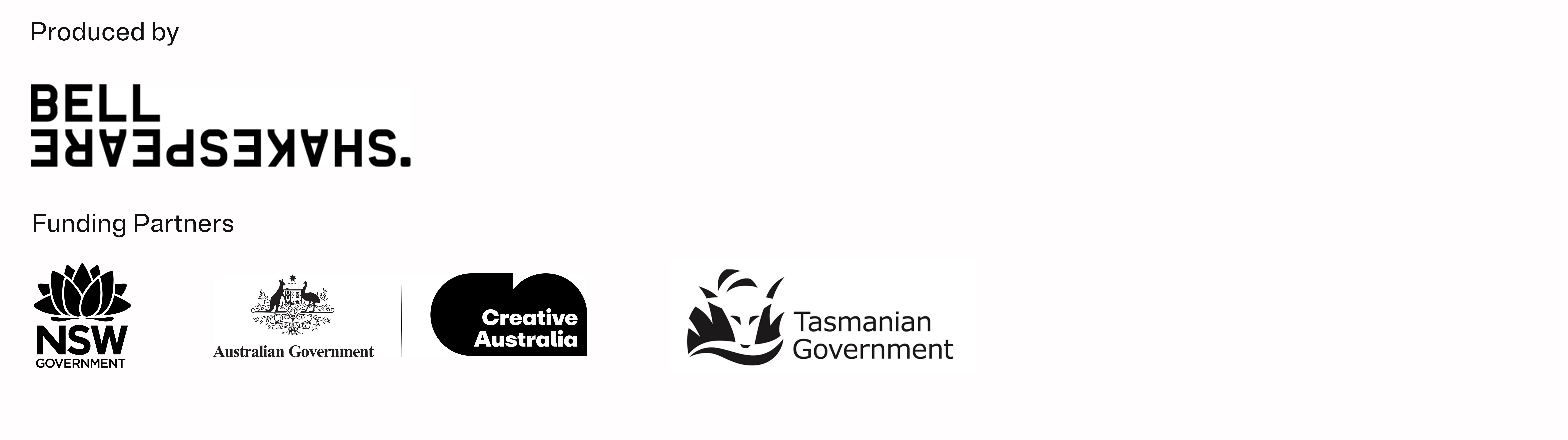 Black and White text based logos - Bell Shakespeare, Create NSW, Creative Australia, Arts Tasmania