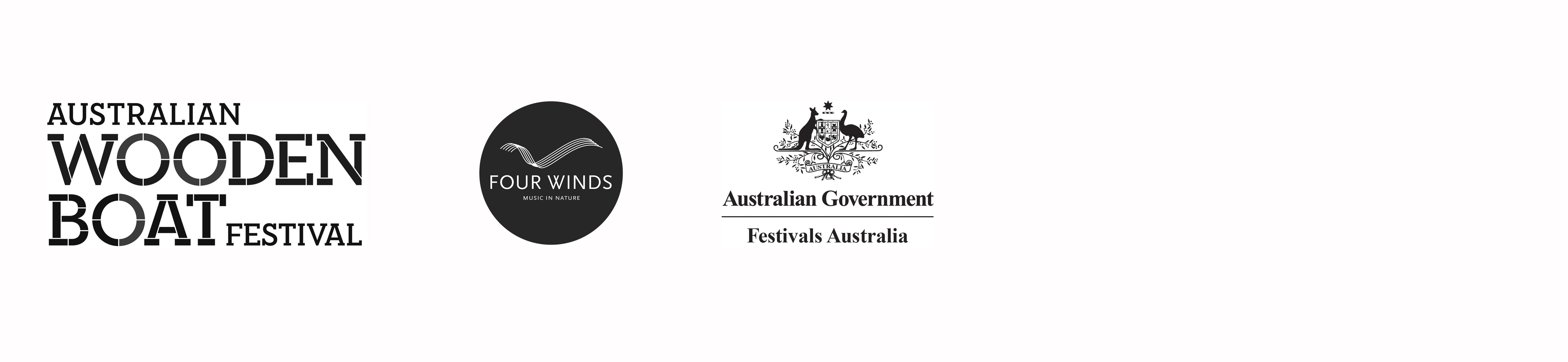 Logos for the Australian Wooden Boat Festival, Four Winds, and the Australian Government’s Festivals Australia program, displayed side by side on a white background.