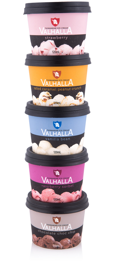 A stacked selection of Valhalla ice cream cups in various flavours. 