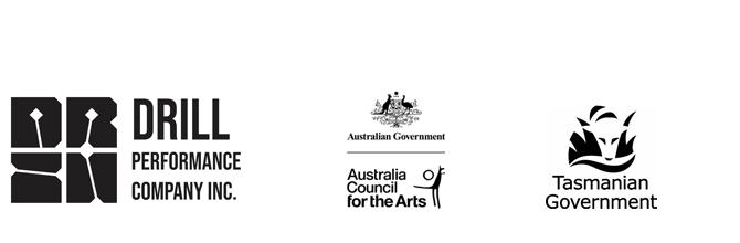 Drill, Australia Council for the Arts and Tasmanian Government logo's in black sit on a white background