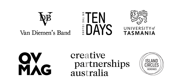 The logos of UTAS, Ten Days on the Island, Van Dieman's Band, QVMAG, Creative Partnerships Australia and Island Creative sit on a white background. 