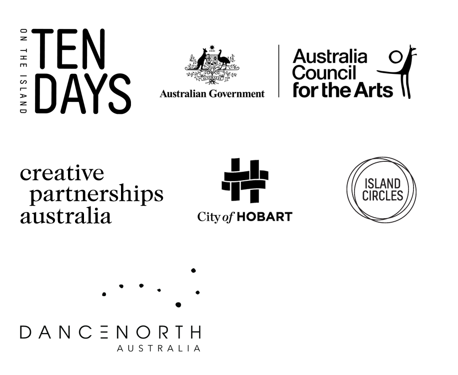 Black and white logos for Ten Days on the Island, Australia Council for the Arts, Creative Partnerships Australia, City of Hobart, Island Circles and Dance North sit on a white background