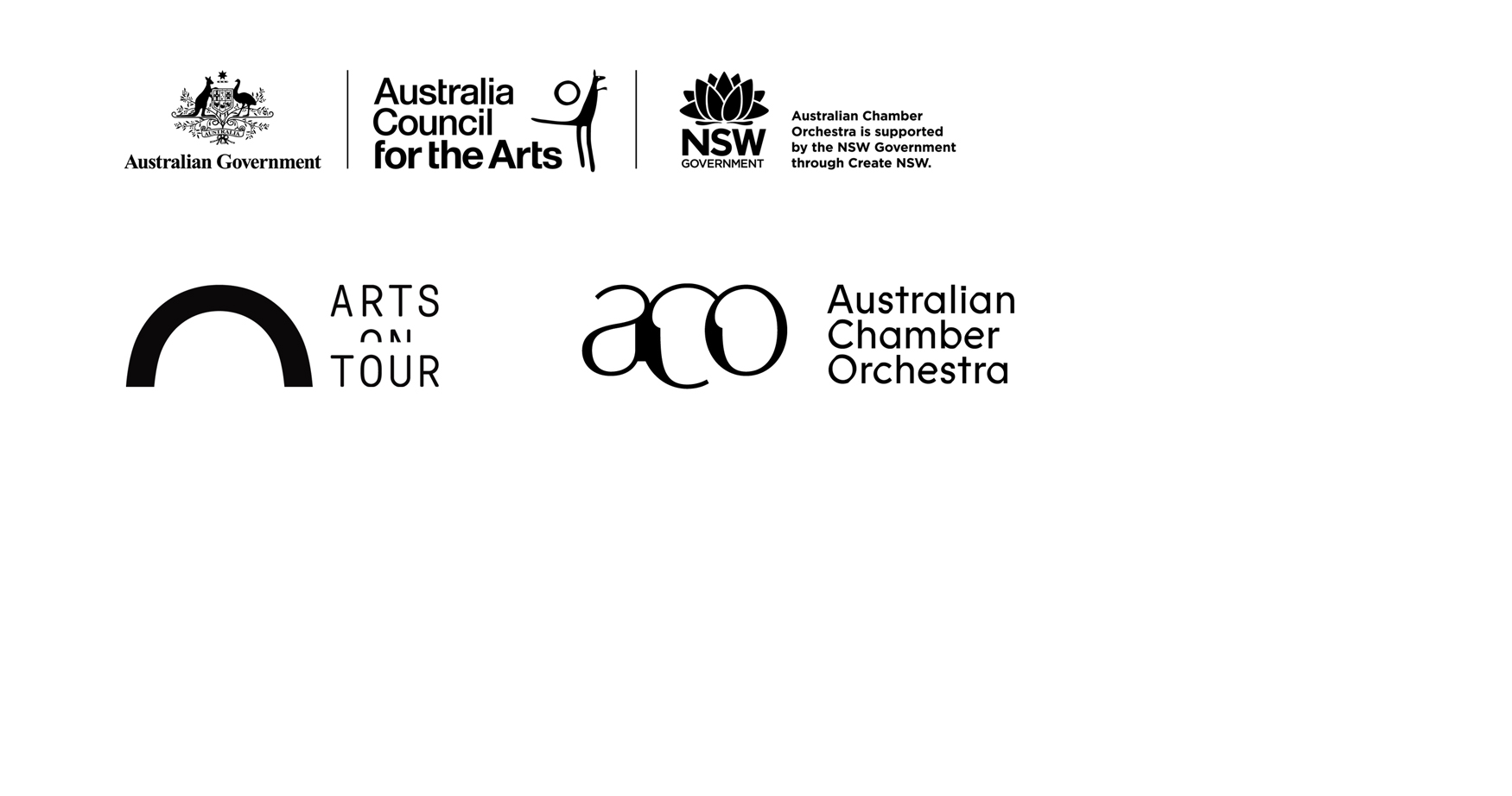 Australia Council for Arts' logo in black on a white background. Arts on Tour and Australian Chamber Orchestra logos in black sit underneath. They are all on a white background. 