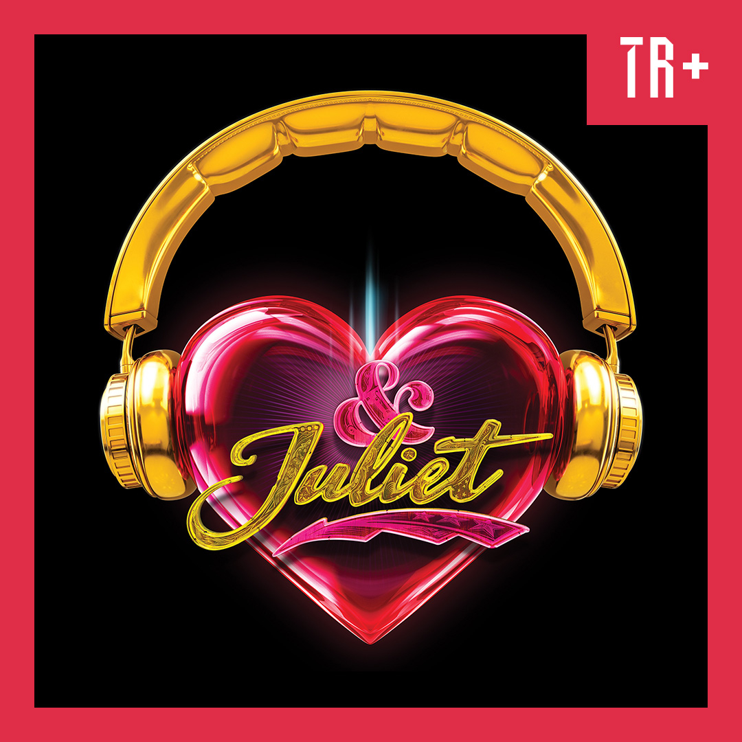 A bold colourful metalic graphic on a black background of a pink heart wearing gold headphones overlaid with the words & Juliet