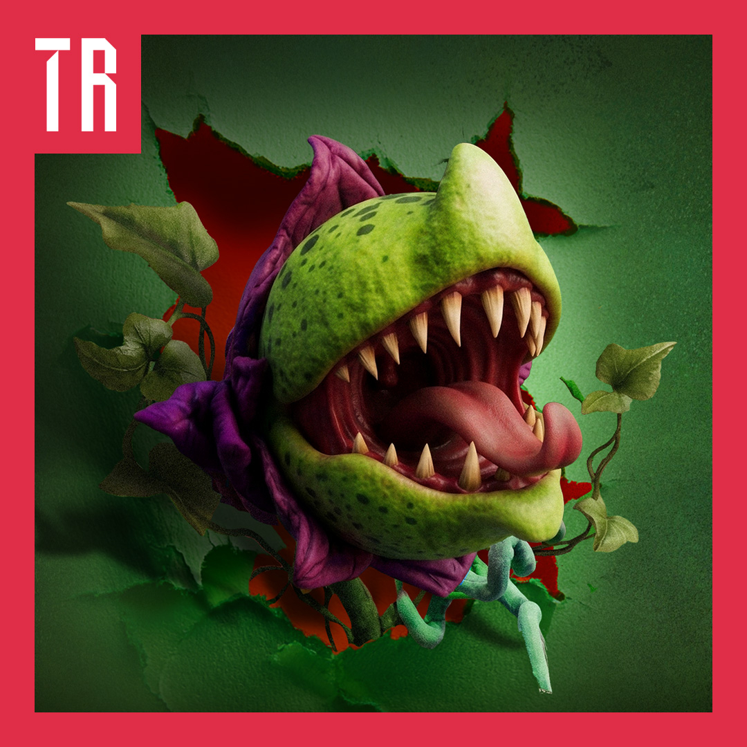 A stylized green carnivorous plant monster with purple leaves, a wide mouth full of sharp teeth, and a protruding tongue, emerging from a leafy green background with red accents.