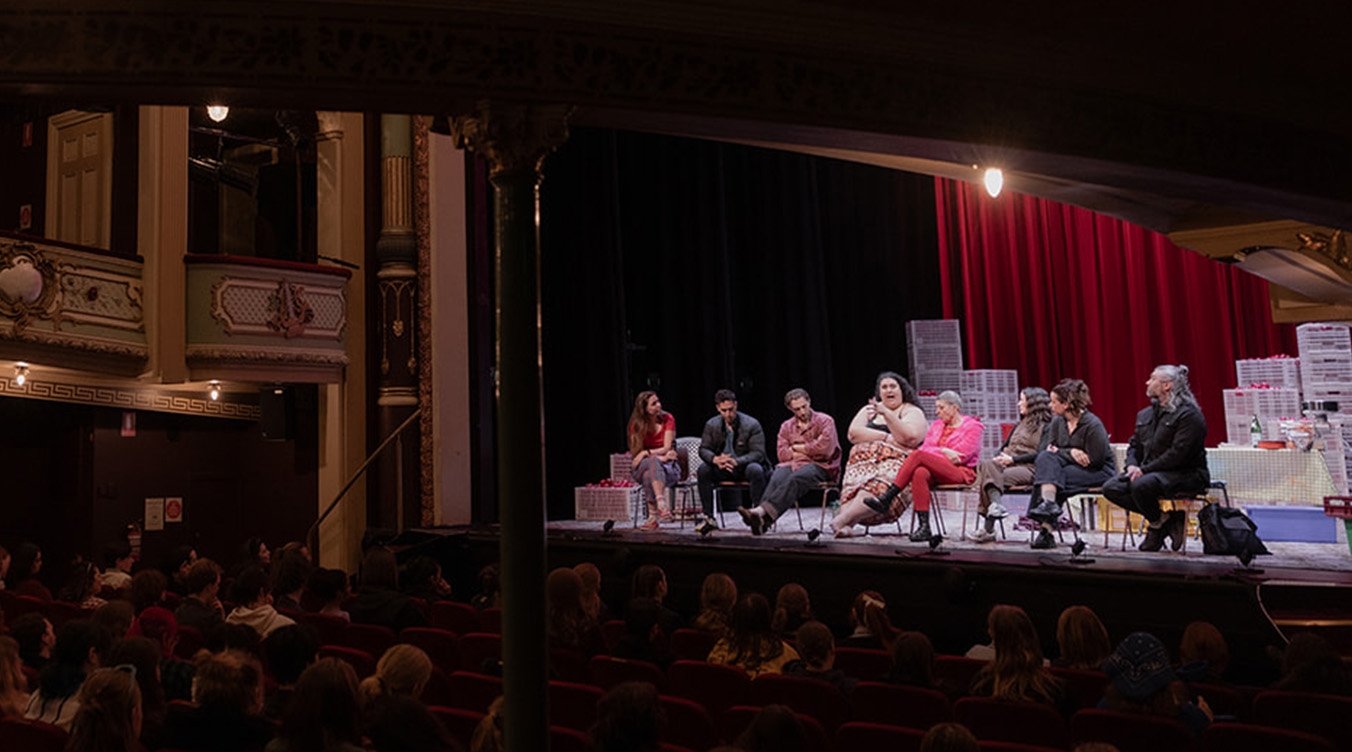 The cast from Looking fro Alibrandi sit on the Theatre Royal stage answering questions from the audience