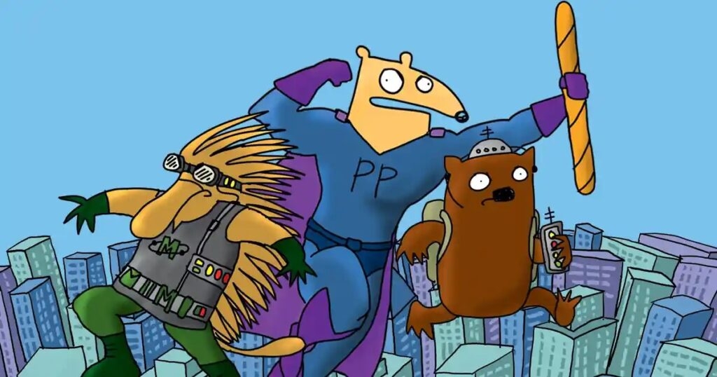 A group of Enviroteens by First Dog on the Moon fly above a cityscape. One holds a bread stick. One looks like an echidna and one looks like a wombat. The other one might be a dog? They are all cartoons.