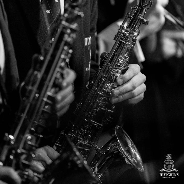 Hutchins Jazz Evening A black and white close-up image of two saxophones.