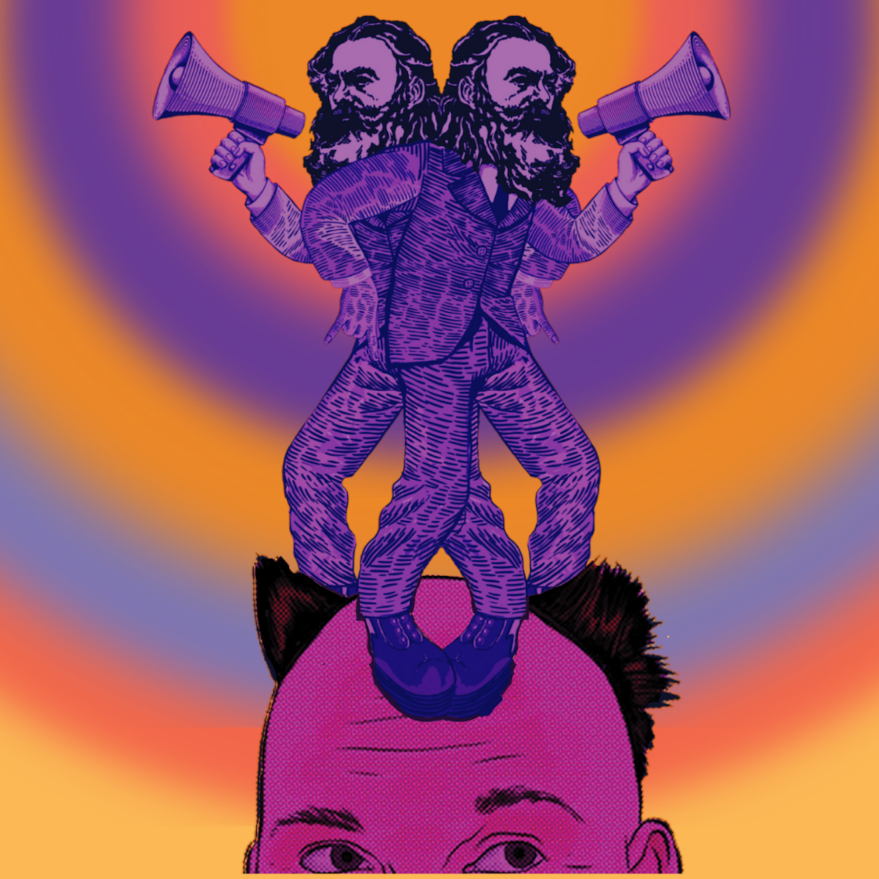 Paul Mcdermott Plus One - Blood Orange A purple, pink and orange cartoon graphic of a two men with megaphones standing on the bald head of a man.