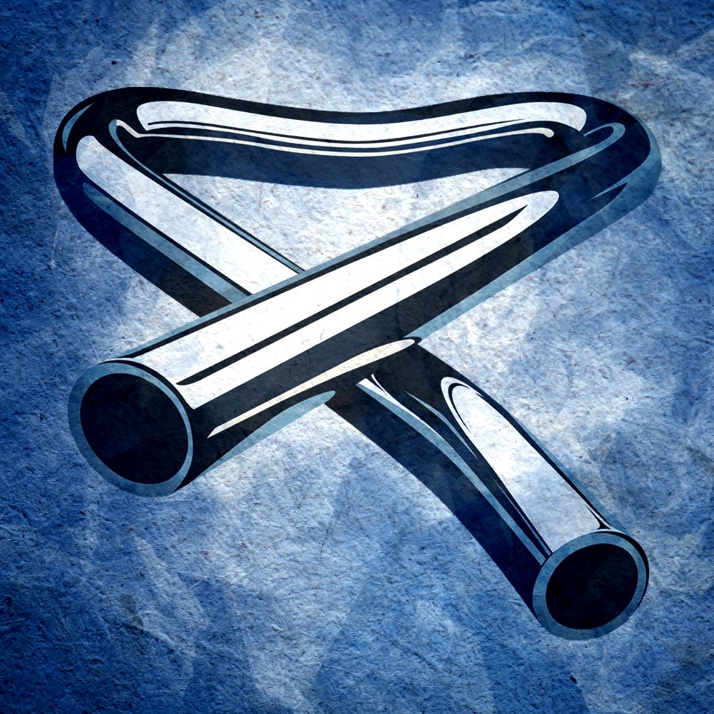 Tubular Bells A graphic of a bent silver metal tube. There is a blue background.