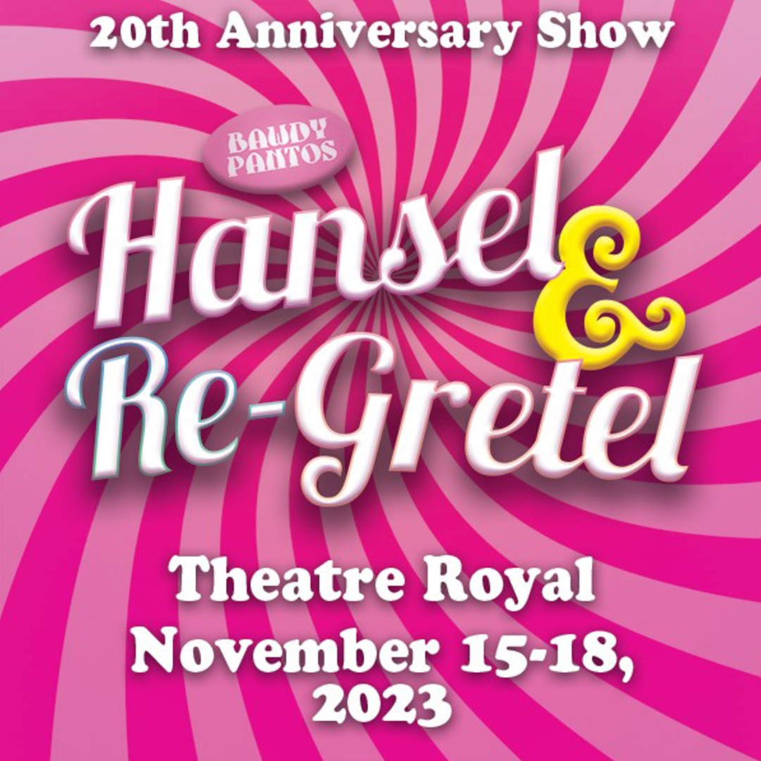 The words Hansel & Re-Gretal stand out in front of a pink swirl pattern