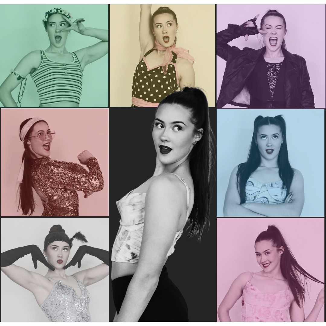 A tiled image of women dancing through the decade. Tinted in pastels colours.
