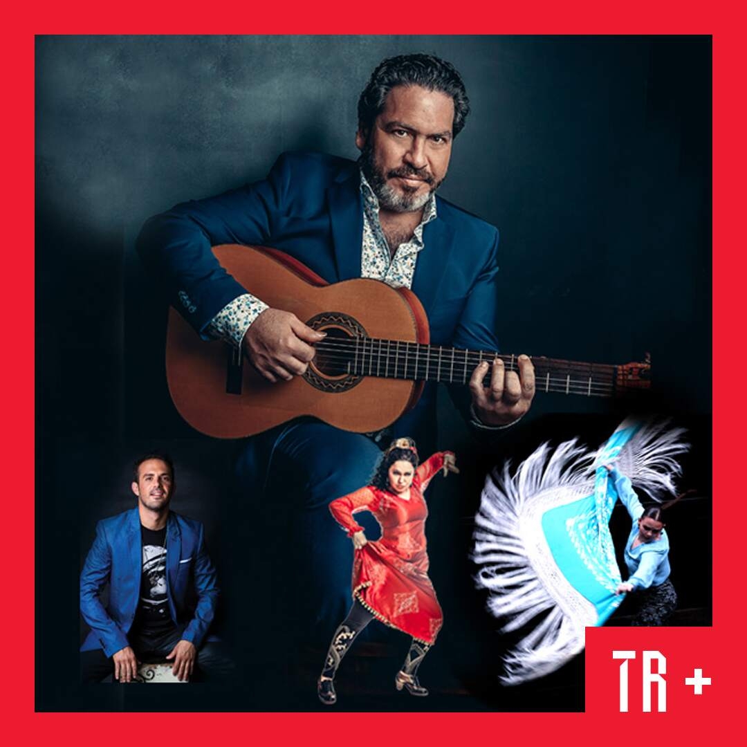 A man plays flamenco guitar against a grey background. Below are three superimposed images of flamenco dancers and one person playing drums
