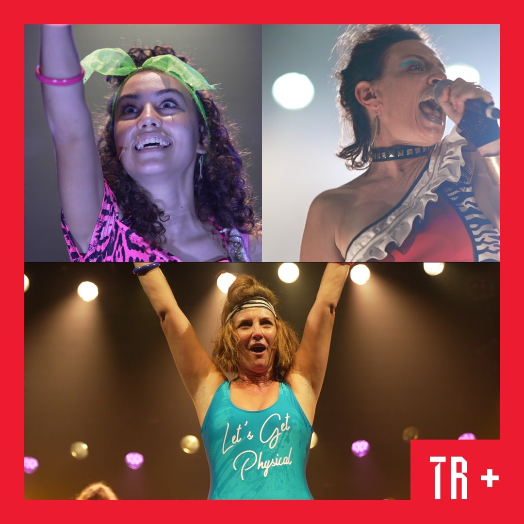 A split screen of three females dressed in 80's attire. They all look to be on stage under stage lights.