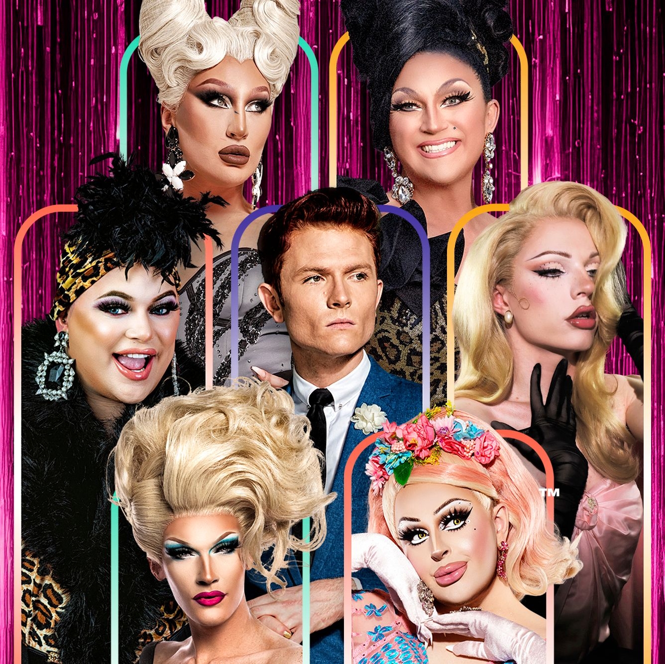 The Snatch Game hero image 6 glamourous drag queens surround a very dapper host