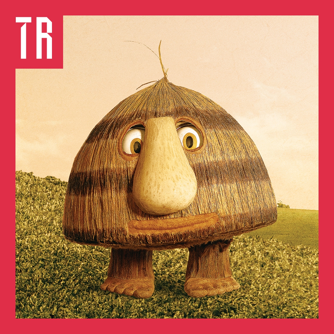 Grug HERO image A cute illustrated character, with a cone shaped stripey body of brown and tan, with a big nose