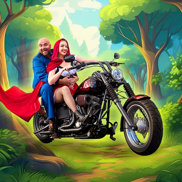 Bawdy Panto A an and a woman ride ona motorcycle in a cartoon like scneene. She is dressed as little red riding hood, he is wearing a blue suit with a c=cheeky grin