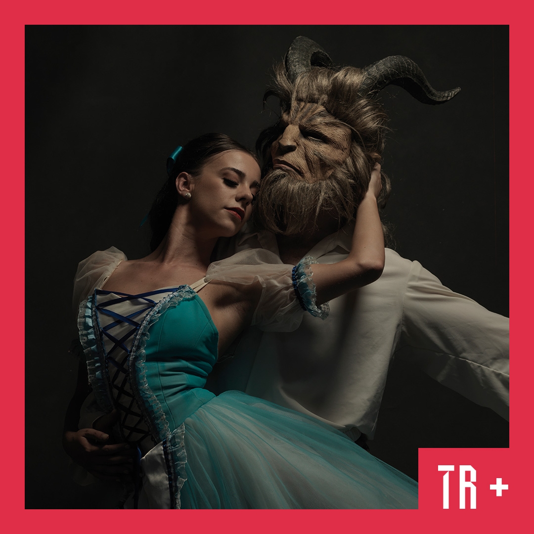 Image: Sasha Kane A dark romantic image of a ballerina wearing a turquoise dress leaning against a satyr like beast