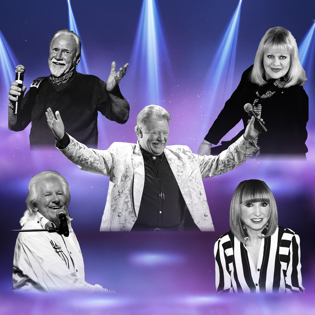 The Good Old Days Five black and white cut out portrait shots on a purple and blue back ground with lighting like a stage.