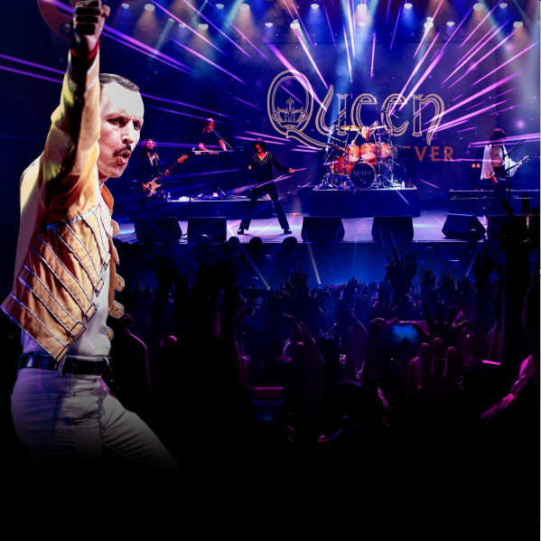 Queen Forever hero image A man who looks like Freddie Mercury stands in the foreground, behind him is a stage with a band lit up in blue